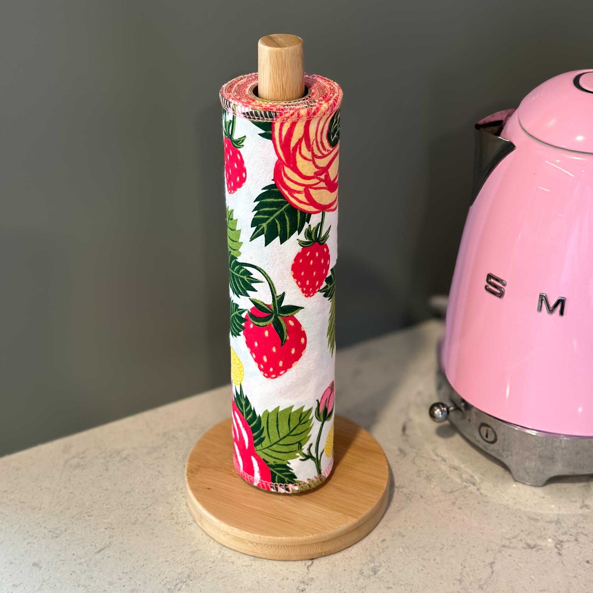 strawberry print reusable towel on paper towel holder